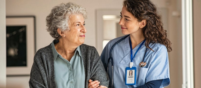 Senior woman receiving compassionate care from a healthcare professional in a supportive environment, highlighting the emphasis on easy access to healthcare and personalized services at Dorset Place Senior Living.