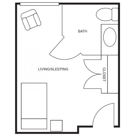Floor plan of a private studio at Dorset Place Senior Living, featuring one bath, living/sleeping area, and closet, emphasizing senior living accommodations.