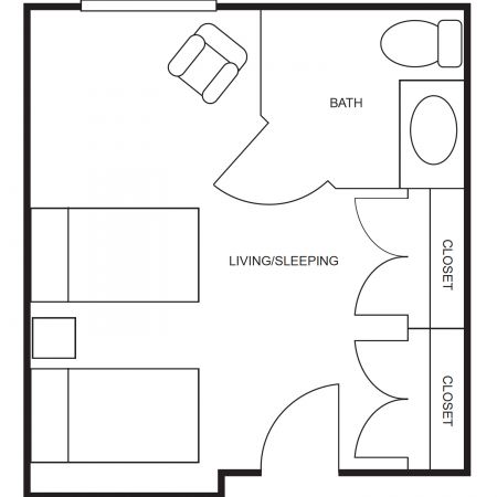Floor plan layout of a shared suite at Dorset Place Senior Living, featuring one bath, living/sleeping area, and two closets, emphasizing senior living accommodations.