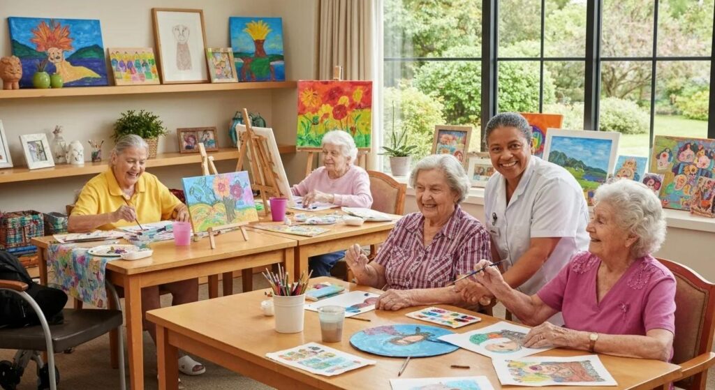 Residents engaged in art therapy session in a memory care facility