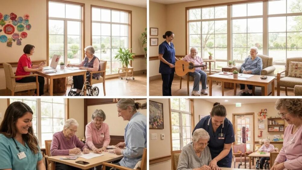 Interior of a memory care facility with residents and caregivers engaged in supportive activities