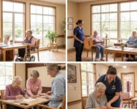 Interior of a memory care facility with residents and caregivers engaged in supportive activities