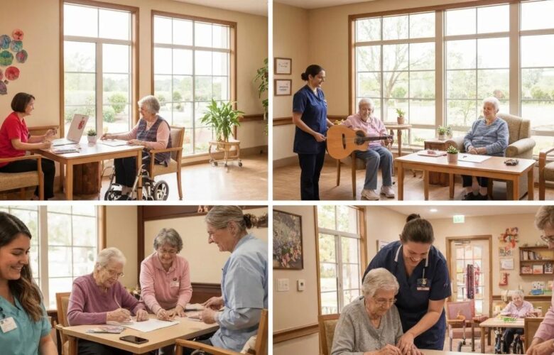 Interior of a memory care facility with residents and caregivers engaged in supportive activities