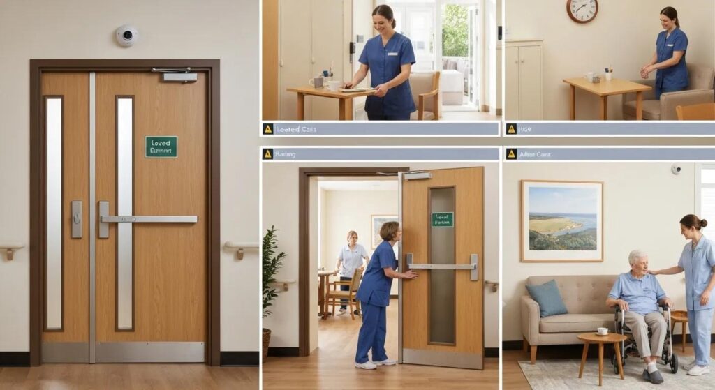 Safety features in memory care facility with caregivers and residents in a secure environment